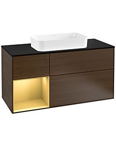 Villeroy und Boch Finion Waschtischunterschrank F292HFGN 120cm, Abdeckplatte black matt, Regal links Gold matt, Walnut veneer