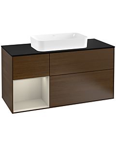Villeroy und Boch Finion Waschtischunterschrank F292HHGN 120cm, Abdeckplatte black matt, Regal links Sand Matt Lacquer, Walnut veneer