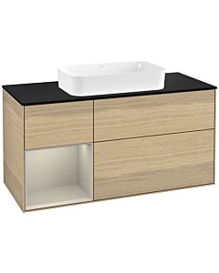 Villeroy und Boch Finion Waschtischunterschrank F292HHPC 120cm, Abdeckplatte black matt, Regal links Sand Matt Lacquer, Oak Veneer