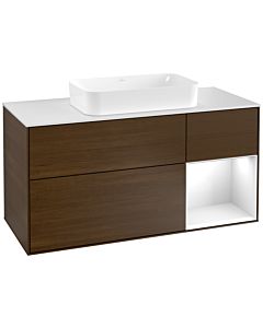 Villeroy und Boch Finion Villeroy und Boch F301GFGN 120cm, plaque de finition blanc mat, étagère à droite laqué blanc brillant, placage noyer