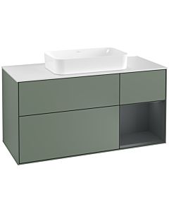 Villeroy und Boch Finion Waschtischunterschrank F301HGGM 120cm, Abdeckplatte white matt, Regal rechts Midnight Blue Matt Lacquer, Olive Matt Lacquer