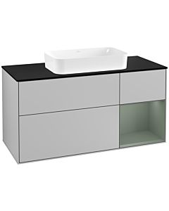 Villeroy und Boch Finion Waschtischunterschrank F302GMGJ 120cm, Abdeckplatte black matt, Regal rechts Olive Matt Lacquer, Light grey matt