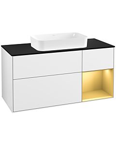 Villeroy und Boch Finion Waschtischunterschrank F302HFGF 120cm, Abdeckplatte black matt, Regal rechts Gold matt, Glossy white lacquer