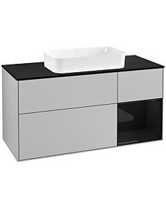 Villeroy und Boch Finion Waschtischunterschrank F302PHGJ 120cm, Abdeckplatte black matt, Regal rechts Glossy Black Lacquer, Light grey matt