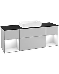 Villeroy und Boch Finion Waschtischunterschrank F332GFGJ 160x60,3cm, Abdeckplatte black matt, Regale Glossy white lacquer, Light grey matt