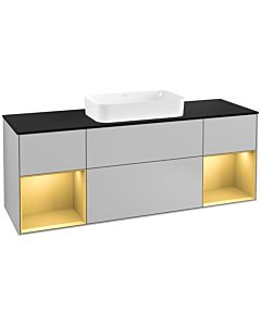 Villeroy und Boch Finion Waschtischunterschrank F332HFGJ 160x60,3cm, Abdeckplatte black matt, Regale Gold matt lacquer, Light grey matt