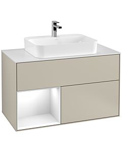 Villeroy und Boch Finion Waschtischunterschrank F361GFHH 100cm, Abdeckplatte white matt, Regal links Glossy white lacquer, Sand Matt Lacquer