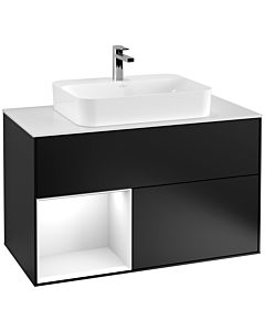 Villeroy und Boch Finion Villeroy und Boch F361GFPD 100cm, plaque de recouvrement blanc mat, étagère gauche laqué blanc brillant, laqué noir mat