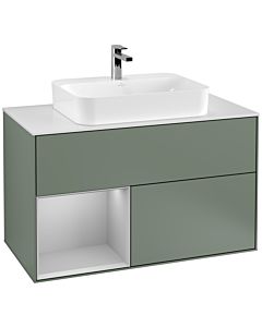 Villeroy und Boch Finion Villeroy und Boch F361GJGM 100cm, plaque de recouvrement blanc mat, étagère gauche gris clair mat, Olive Matt Lacquer