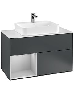 Villeroy und Boch Finion Waschtischunterschrank F361GJHG 100cm, Abdeckplatte white matt, Regal links Light grey matt, Midnight Blue Matt Lacquer