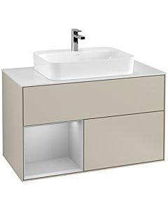 Villeroy und Boch Finion Waschtischunterschrank F361GJHH 100cm, Abdeckplatte white matt, Regal links Light grey matt, Sand Matt Lacquer