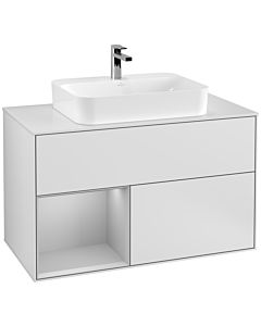 Villeroy und Boch Finion Waschtischunterschrank F361GJMT 100cm, Abdeckplatte white matt, Regal links Light grey matt, White matt lacquer