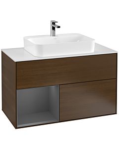 Villeroy und Boch Finion Waschtischunterschrank F361GKGN 100cm, Abdeckplatte white matt, Regal links Anthracite matt, Walnut veneer