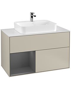 Villeroy und Boch Finion Villeroy und Boch F361GKHH 100cm, plaque de finition blanc mat, étagère gauche anthracite mat, Sand Matt Lacquer