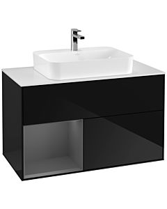 Villeroy und Boch Finion Villeroy und Boch F361GKPH 100cm, plaque de finition blanc mat, étagère gauche anthracite mat, Glossy Black Lacquer