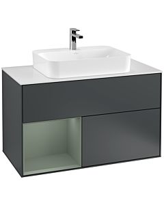 Villeroy und Boch Finion Villeroy und Boch F361GMHG 100cm, plaque de finition blanc mat, étagère gauche Olive Matt Lacquer , Midnight Blue Matt Lacquer