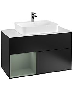 Villeroy und Boch Finion Waschtischunterschrank F361GMPD 100cm, Abdeckplatte white matt, Regal links Olive Matt Lacquer, Black matt lacquer