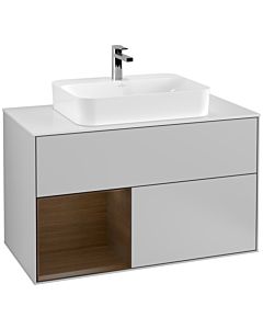 Villeroy und Boch Finion Villeroy und Boch F361GNGJ 100cm, plaque de finition blanc mat, étagère gauche placage noyer, gris clair mat