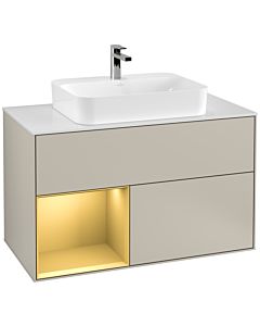 Villeroy und Boch Finion Waschtischunterschrank F361HFHH 100cm, Abdeckplatte white matt, Regal links Gold matt, Sand Matt Lacquer