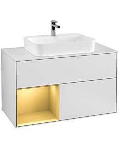 Villeroy und Boch Finion Waschtischunterschrank F361HFMT 100cm, Abdeckplatte white matt, Regal links Gold matt, White matt lacquer