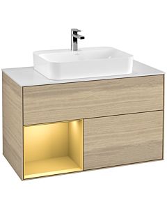 Villeroy und Boch Finion Waschtischunterschrank F361HFPC 100cm, Abdeckplatte white matt, Regal links Gold matt, Oak Veneer