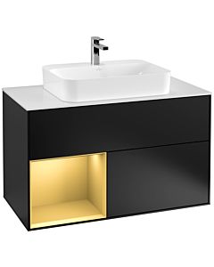 Villeroy und Boch Finion Villeroy und Boch F361HFPD 100cm, plaque de recouvrement blanc mat, étagère gauche or mat, laqué noir mat