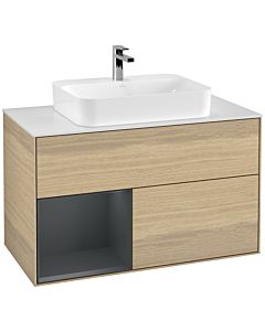 Villeroy und Boch Finion Villeroy und Boch F361HGPC 100cm, plaque de finition blanc mat, étagère gauche Midnight Blue Matt Lacquer , Oak Veneer