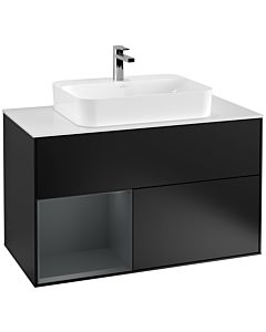 Villeroy und Boch Finion Waschtischunterschrank F361HGPD 100cm, Abdeckplatte white matt, Regal links Midnight Blue Matt Lacquer, Black matt lacquer