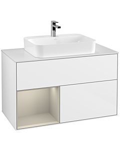 Villeroy und Boch Finion Waschtischunterschrank F361HHGF 100cm, Abdeckplatte white matt, Regal links Sand Matt Lacquer, Glossy white lacquer