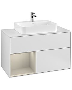 Villeroy und Boch Finion Waschtischunterschrank F361HHMT 100cm, Abdeckplatte white matt, Regal links Sand Matt Lacquer, White matt lacquer