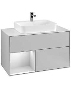 Villeroy und Boch Finion Villeroy und Boch F361MTGJ 100cm, plaque de recouvrement blanc mat, étagère gauche laqué blanc mat, gris clair mat