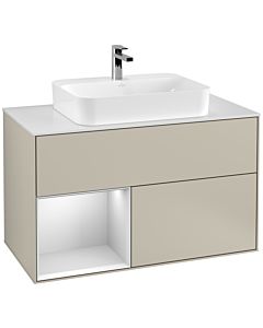 Villeroy und Boch Finion Waschtischunterschrank F361MTHH 100cm, Abdeckplatte white matt, Regal links White matt lacquer, Sand Matt Lacquer