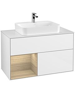 Villeroy und Boch Finion Villeroy und Boch F361PCGF 100cm, plaque de finition blanc mat, étagère à gauche Oak Veneer , laqué blanc brillant