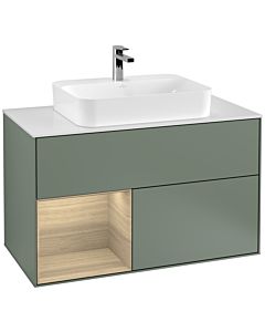 Villeroy und Boch Finion Villeroy und Boch F361PCGM 100cm, plaque de finition blanc mat, étagère à gauche Oak Veneer , Olive Matt Lacquer