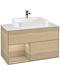 Villeroy und Boch Finion Waschtischunterschrank F361PCPC 100cm, Abdeckplatte white matt, Regal links Oak Veneer, Oak Veneer