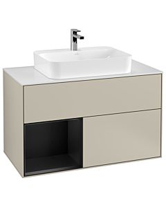 Villeroy und Boch Finion Waschtischunterschrank F361PDHH 100cm, Abdeckplatte white matt, Regal links Black matt lacquer, Sand Matt Lacquer