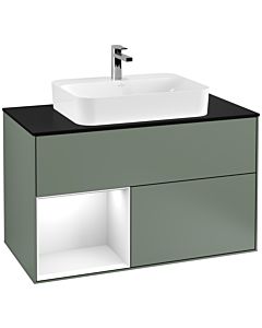 Villeroy und Boch Finion Villeroy und Boch F362GFGM 100cm, plaque de finition noir mat, étagère gauche laqué blanc brillant, Olive Matt Lacquer