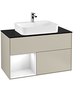 Villeroy und Boch Finion Villeroy und Boch F362GFHH 100cm, couvercle noir mat, étagère gauche laqué blanc brillant, Sand Matt Lacquer