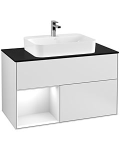 Villeroy und Boch Finion Waschtischunterschrank F362GFMT 100cm, Abdeckplatte black matt, Regal links Glossy white lacquer, White matt lacquer