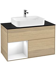 Villeroy und Boch Finion Waschtischunterschrank F362GFPC 100cm, Abdeckplatte black matt, Regal links Glossy white lacquer, Oak Veneer