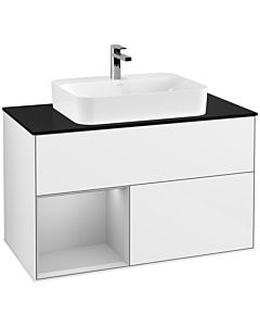 Villeroy und Boch Finion Waschtischunterschrank F362GJGF 100cm, Abdeckplatte black matt, Regal links Light grey matt, Glossy white lacquer