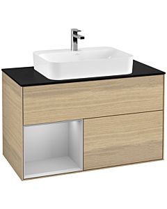 Villeroy und Boch Finion Waschtischunterschrank F362GJPC 100cm, Abdeckplatte black matt, Regal links Light grey matt, Oak Veneer