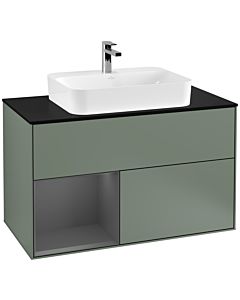 Villeroy und Boch Finion Waschtischunterschrank F362GKGM 100cm, Abdeckplatte black matt, Regal links Anthracite matt, Olive Matt Lacquer