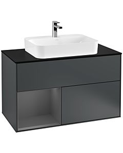Villeroy und Boch Finion Waschtischunterschrank F362GKHG 100cm, Abdeckplatte black matt, Regal links Anthracite matt, Midnight Blue Matt Lacquer