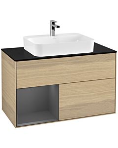 Villeroy und Boch Finion Waschtischunterschrank F362GKPC 100cm, Abdeckplatte black matt, Regal links Anthracite matt, Oak Veneer