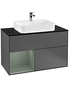 Villeroy und Boch Finion Waschtischunterschrank F362GMGK 100cm, Abdeckplatte black matt, Regal links Olive Matt Lacquer, Anthracite matt