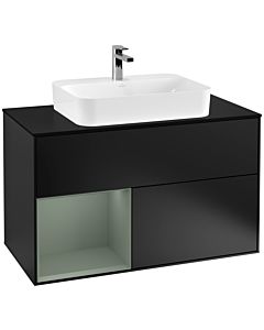 Villeroy und Boch Finion Waschtischunterschrank F362GMPD 100cm, Abdeckplatte black matt, Regal links Olive Matt Lacquer, Black matt lacquer