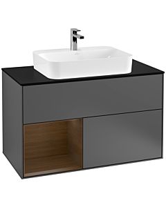 Villeroy und Boch Finion Waschtischunterschrank F362GNGK 100cm, Abdeckplatte black matt, Regal links Walnut veneer, Anthracite matt