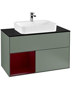 Villeroy und Boch Finion Waschtischunterschrank F362HBGM 100cm, Abdeckplatte black matt, Regal links Peony, Olive Matt Lacquer