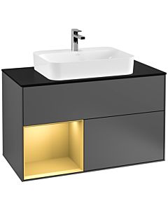 Villeroy und Boch Finion Waschtischunterschrank F362HFGK 100cm, Abdeckplatte black matt, Regal links Gold matt, Anthracite matt